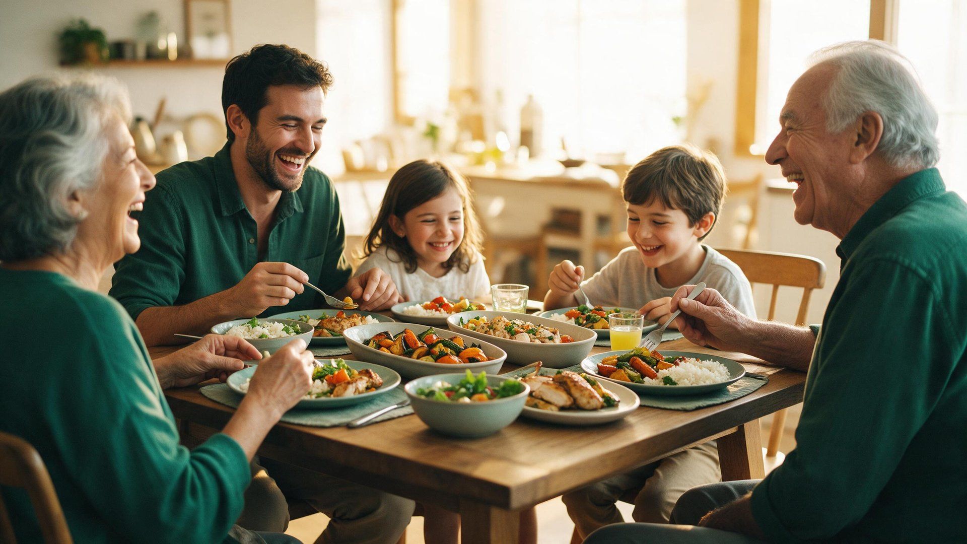 Three generations of a family laughing over a home-cooked dinner