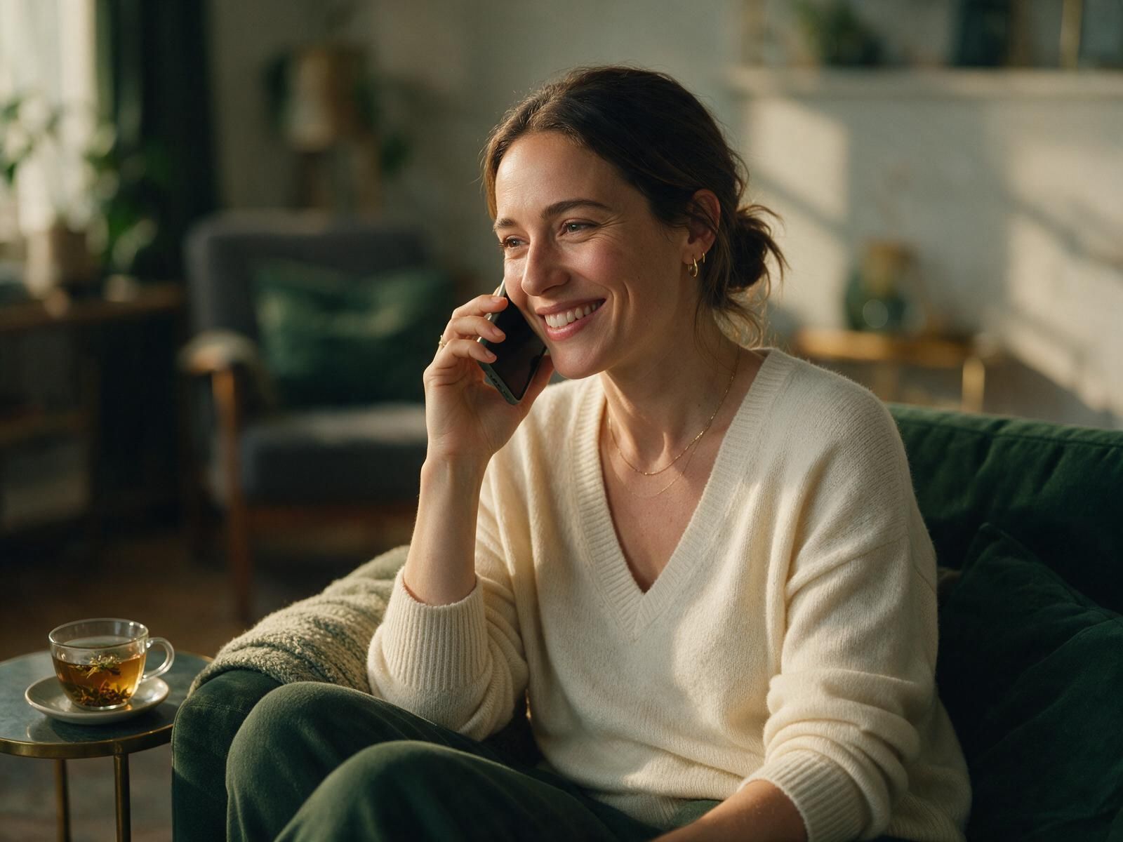 A woman smiling as she talks on her phone on the sofa