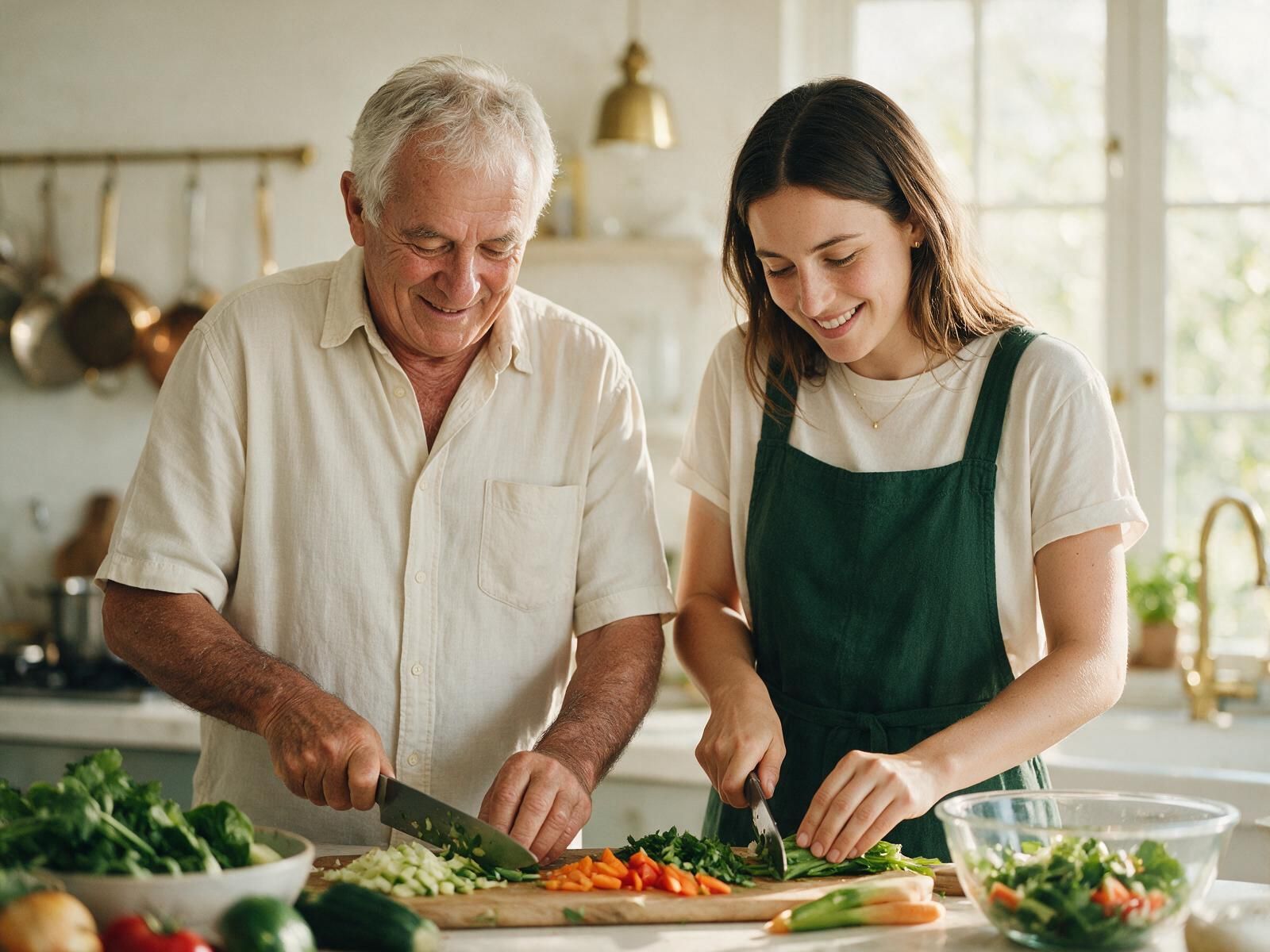 An older man and his daughter chopping vegetables together