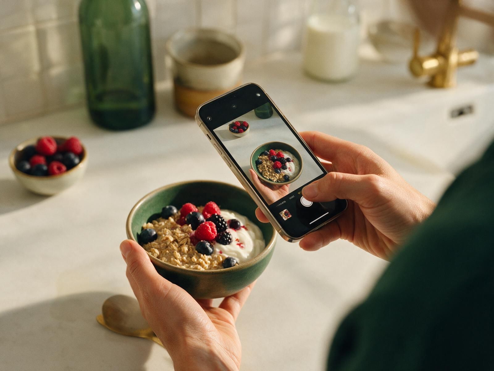 Photographing a breakfast bowl of oats and berries with a phone