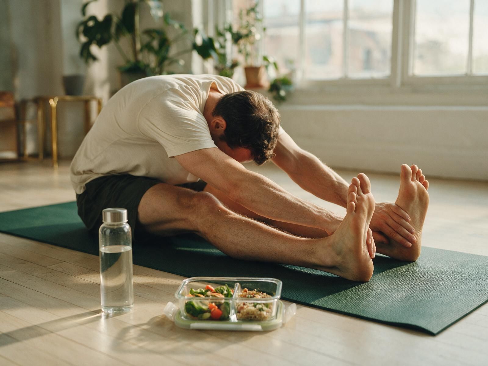 A man stretching on a yoga mat beside a packed lunch and water bottle