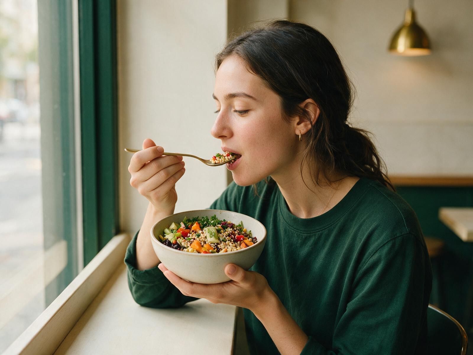 A young woman enjoying a grain bowl at a cafe window